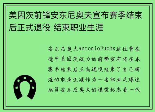 美因茨前锋安东尼奥夫宣布赛季结束后正式退役 结束职业生涯